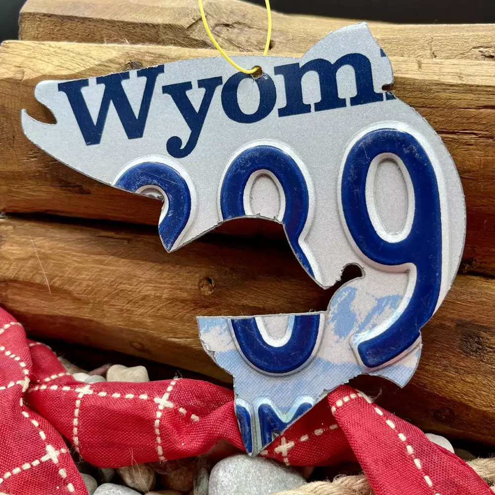 Cody Richardson Art - Wyoming Blue/White Trout License Plate Christmas Ornament 1 Cody Richardson Art - Wyoming Blue/White Trout License Plate Christmas Ornament