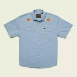 Howler Brothers Crosscut Deluxe Shortsleeve Sale -Simms || Orvis || Patagonia Sales 2023 S23 SS Shirts Crosscut Deluxe SS Beach Blooms Blue Chambray Flat