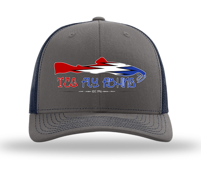 TCO Fly Shop Hat Steal Your Fish Trucker - Charcoal/Columbia Blue 1 TCO Fly Shop Hat Steal Your Fish Trucker - Charcoal/Columbia Blue